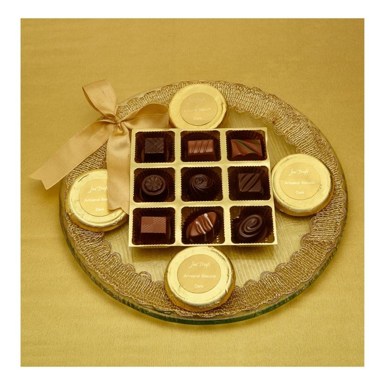 Artisanal Bisks and Classic Truffles Glass Platter,Send Chocolates to india, Best Chocolate Gifts
